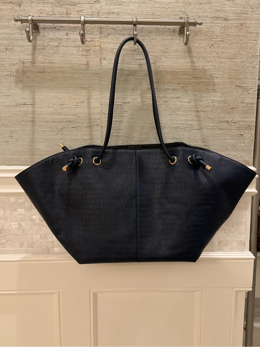 NWT new Anthropologie Maeve embossed croc tote bag navy blue huge